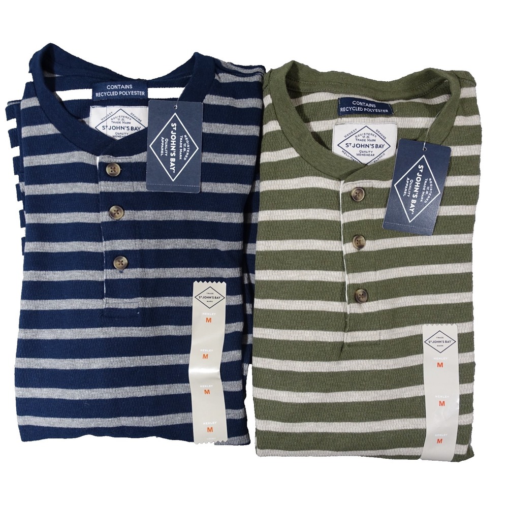 St Johns Bay Thermal Henly Shirt Men Medium Striped Waffle Striped Lot of Two